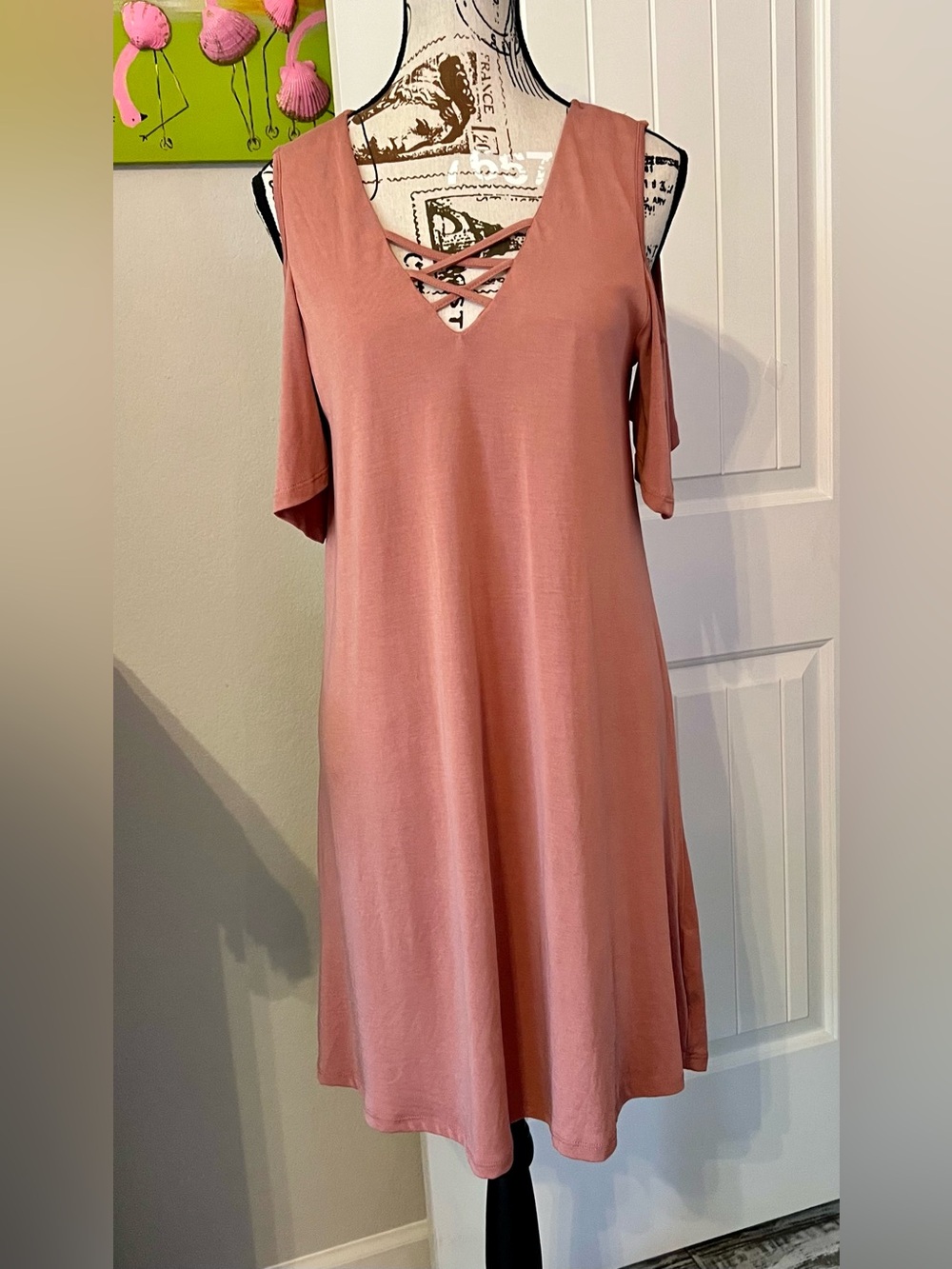 Signature Studio Blush Pink Crisscross Swing Dress Cold Shoulder Size Large